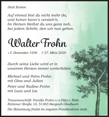 Anzeige von Walter Frohn von Kölner Stadt-Anzeiger / Kölnische Rundschau / Express