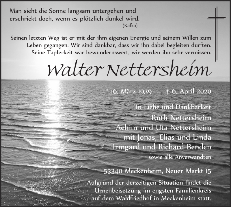  Traueranzeige für Walter Nettersheim vom 11.04.2020 aus  Blickpunkt Euskirchen 
