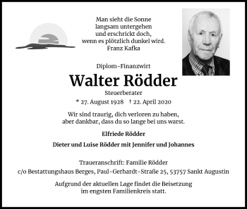 Anzeige von Walter Rödder von Kölner Stadt-Anzeiger / Kölnische Rundschau / Express
