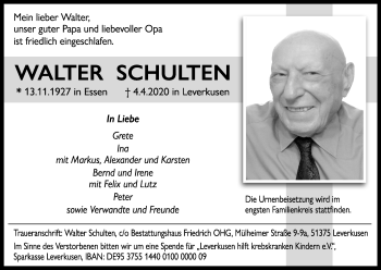 Anzeige von Walter Schulten von Kölner Stadt-Anzeiger / Kölnische Rundschau / Express