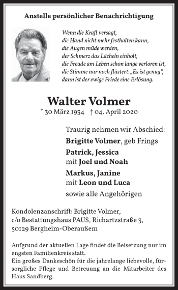 Anzeige von Walter Volmer von  Werbepost 