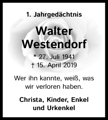 Anzeige von Walter Westendorf von Kölner Stadt-Anzeiger / Kölnische Rundschau / Express