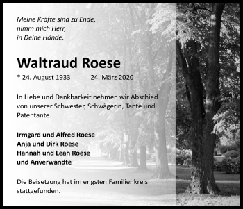 Anzeige von Waltraud Roese von Kölner Stadt-Anzeiger / Kölnische Rundschau / Express