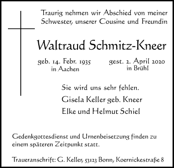 Anzeige von Waltraud Schmitz-Kneer von Kölner Stadt-Anzeiger / Kölnische Rundschau / Express