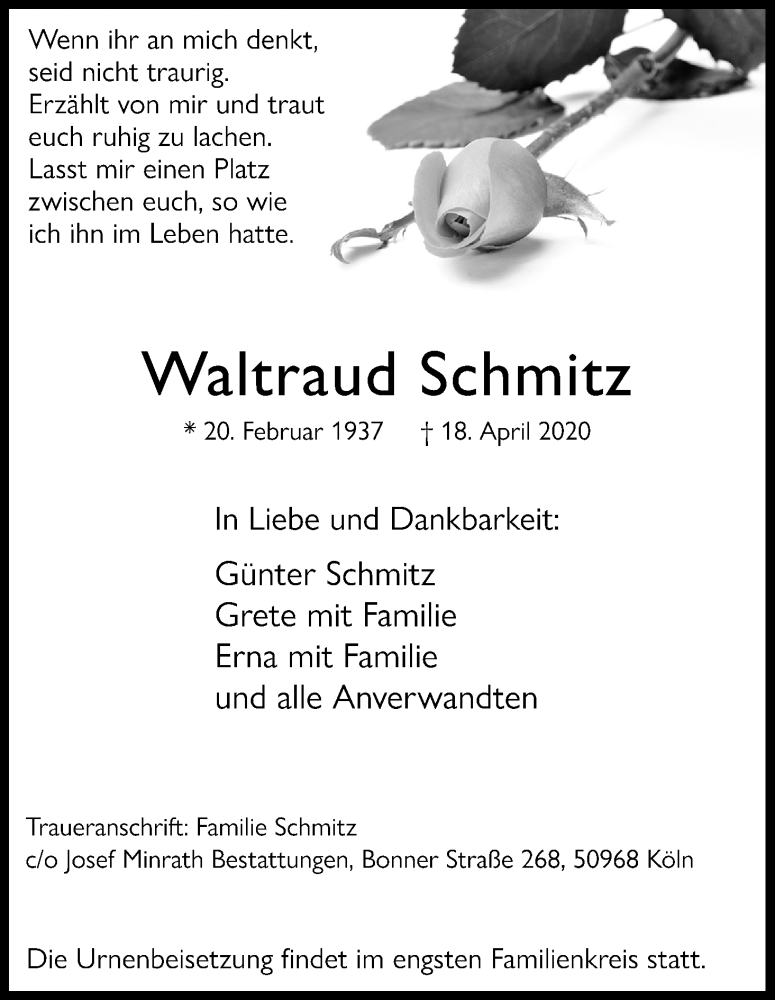  Traueranzeige für Waltraud Schmitz vom 25.04.2020 aus Kölner Stadt-Anzeiger / Kölnische Rundschau / Express