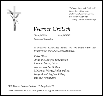 Anzeige von Werner Grötsch von  Anzeigen Echo 