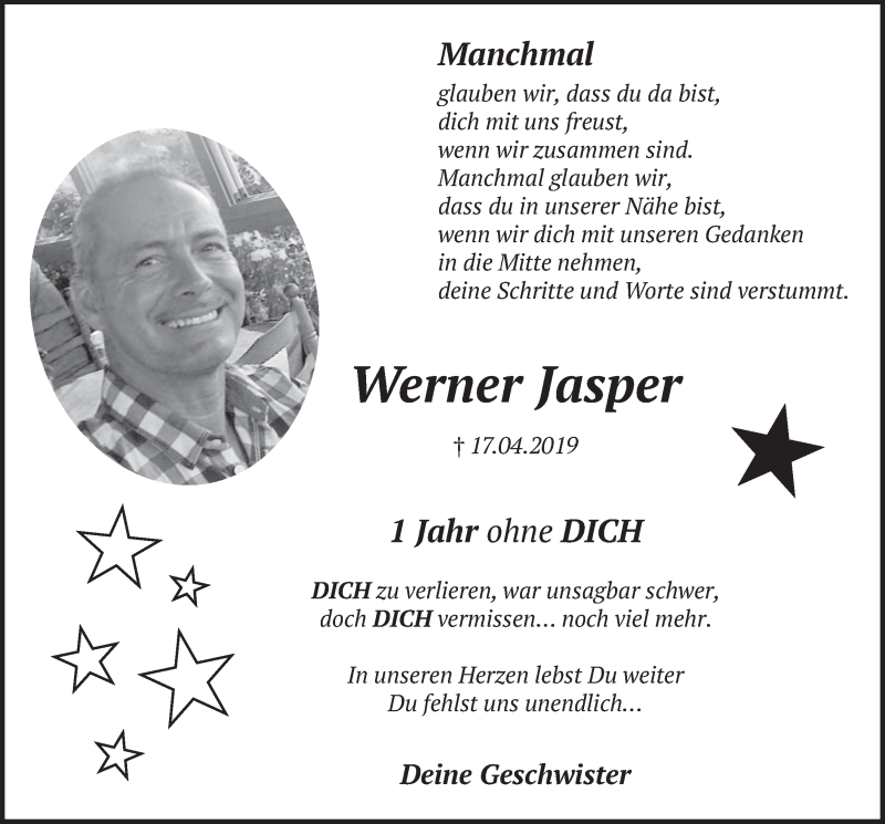  Traueranzeige für Werner Jasper vom 18.07.2023 aus  Schlossbote/Werbekurier 