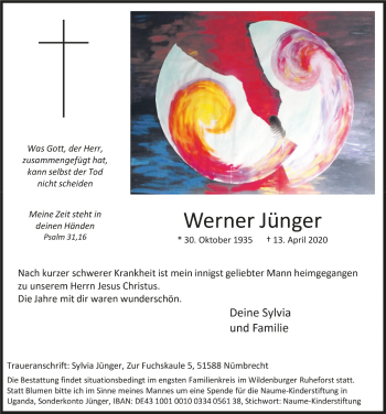 Anzeige von Werner Jünger von  Lokalanzeiger 