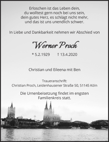 Anzeige von Werner Proch von  Kölner Wochenspiegel 