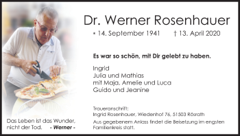 Anzeige von Werner Rosenhauer von Kölner Stadt-Anzeiger / Kölnische Rundschau / Express