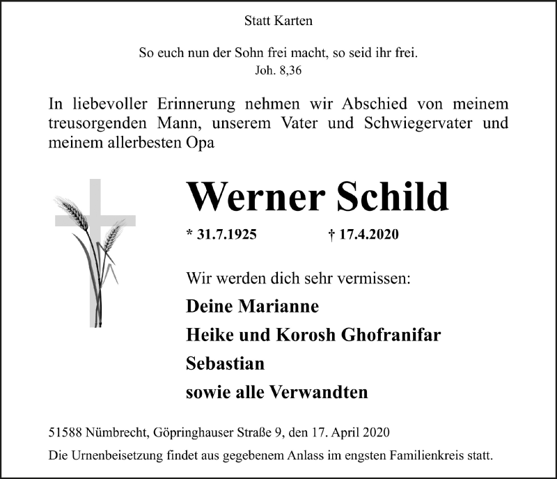  Traueranzeige für Werner Schild vom 24.04.2020 aus  Lokalanzeiger 