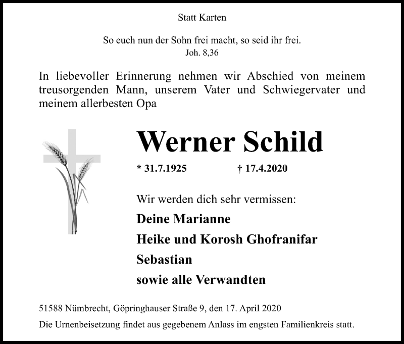  Traueranzeige für Werner Schild vom 21.04.2020 aus Kölner Stadt-Anzeiger / Kölnische Rundschau / Express