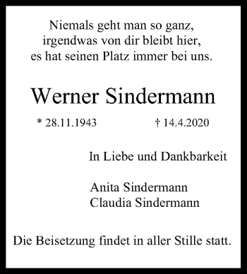 Anzeige von Werner Sindermann von Kölner Stadt-Anzeiger / Kölnische Rundschau / Express