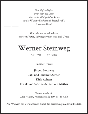 Anzeige von Werner Steinweg von  Kölner Wochenspiegel 