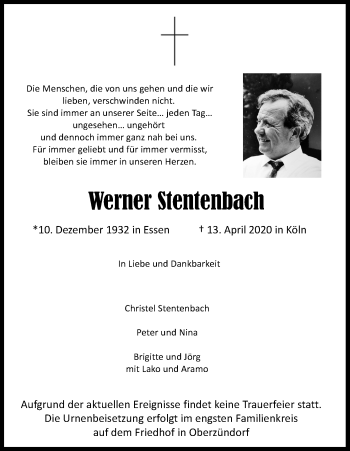 Anzeige von Werner Stentenbach von Kölner Stadt-Anzeiger / Kölnische Rundschau / Express