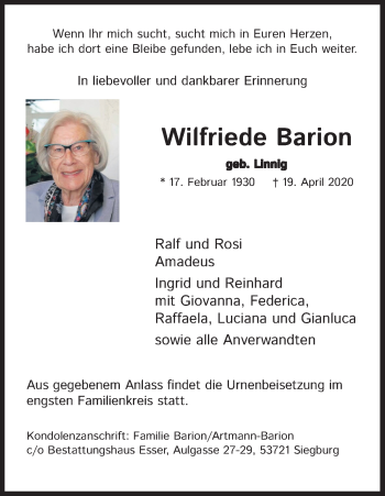 Anzeige von Wilfriede Barion von Kölner Stadt-Anzeiger / Kölnische Rundschau / Express