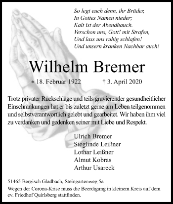Anzeige von Wilhelm Bremer von Kölner Stadt-Anzeiger / Kölnische Rundschau / Express