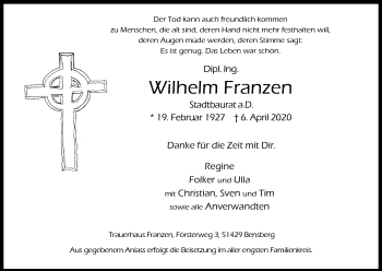 Anzeige von Wilhelm Franzen von Kölner Stadt-Anzeiger / Kölnische Rundschau / Express
