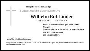 Anzeige von Wilhelm Rottländer von Kölner Stadt-Anzeiger / Kölnische Rundschau / Express
