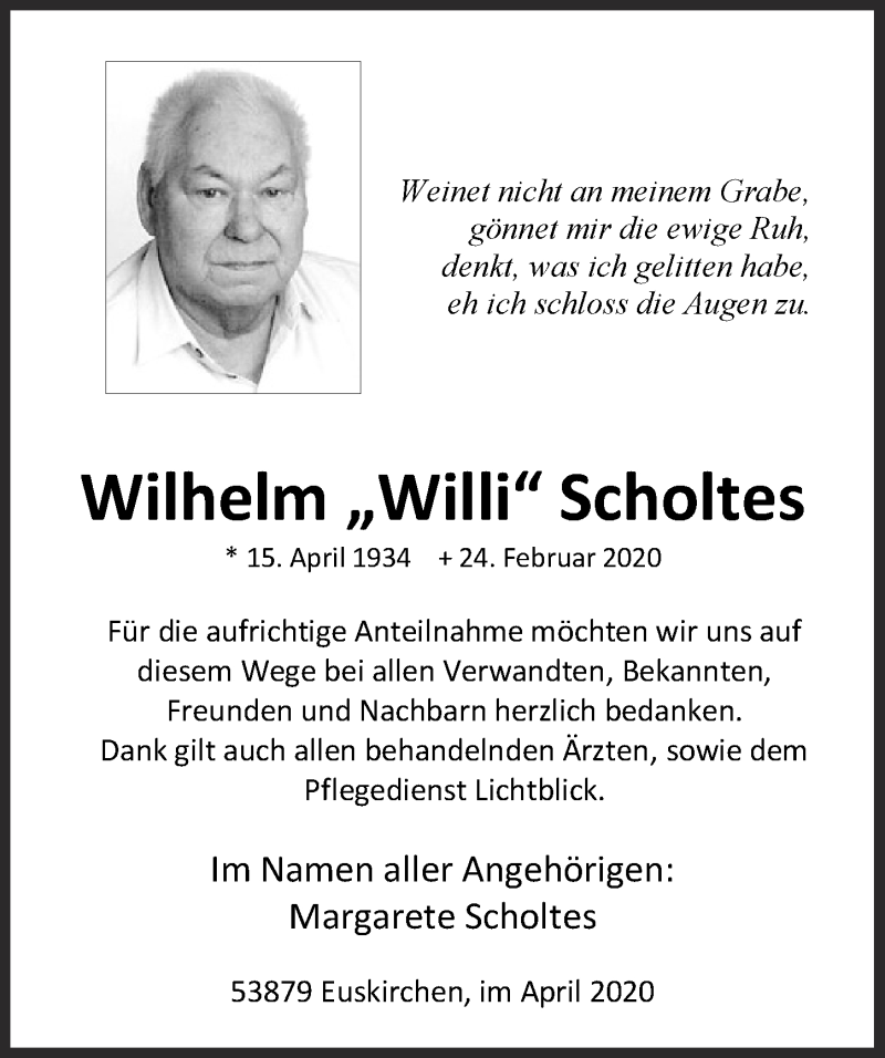  Traueranzeige für Wilhelm Scholtes vom 04.04.2020 aus  Blickpunkt Euskirchen 