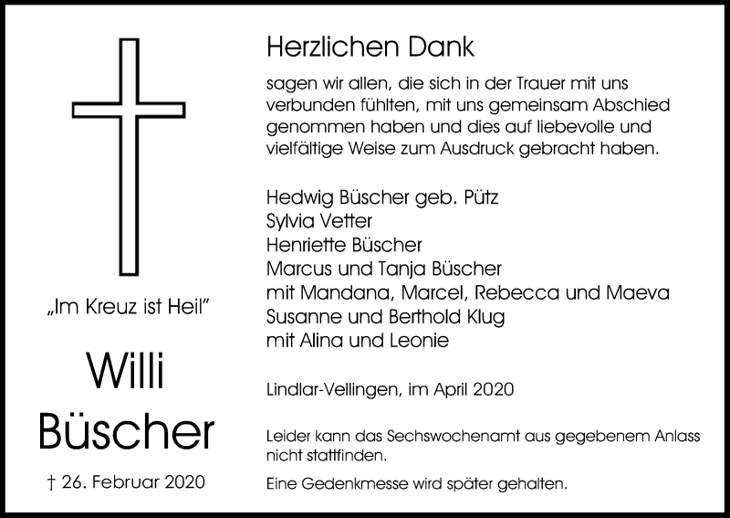  Traueranzeige für Willi Büscher vom 11.04.2020 aus Kölner Stadt-Anzeiger / Kölnische Rundschau / Express