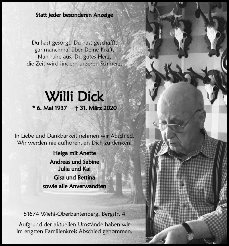  Traueranzeige für Willi Dick vom 10.04.2020 aus  Anzeigen Echo 