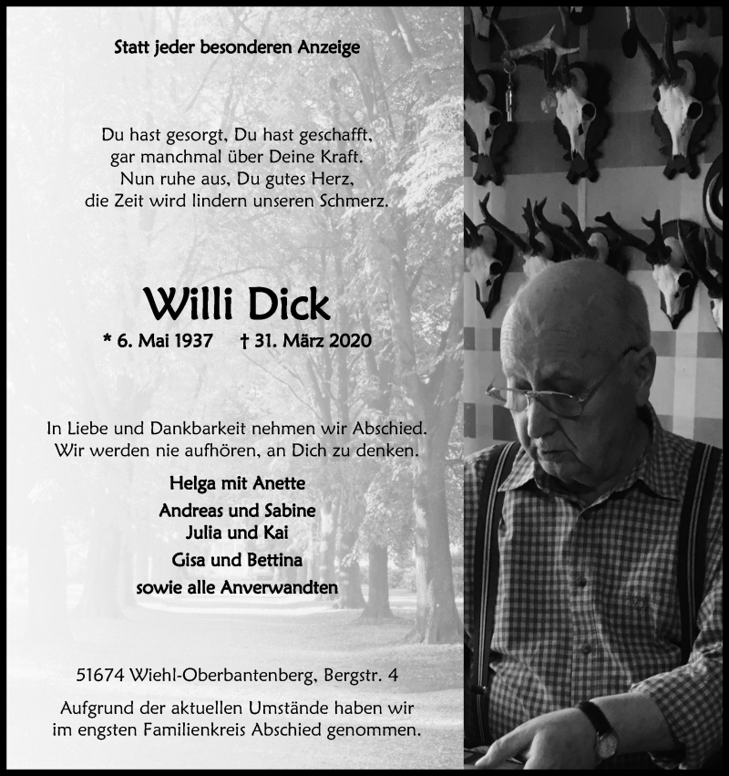  Traueranzeige für Willi Dick vom 11.04.2020 aus Kölner Stadt-Anzeiger / Kölnische Rundschau / Express