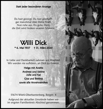 Anzeige von Willi Dick von Kölner Stadt-Anzeiger / Kölnische Rundschau / Express