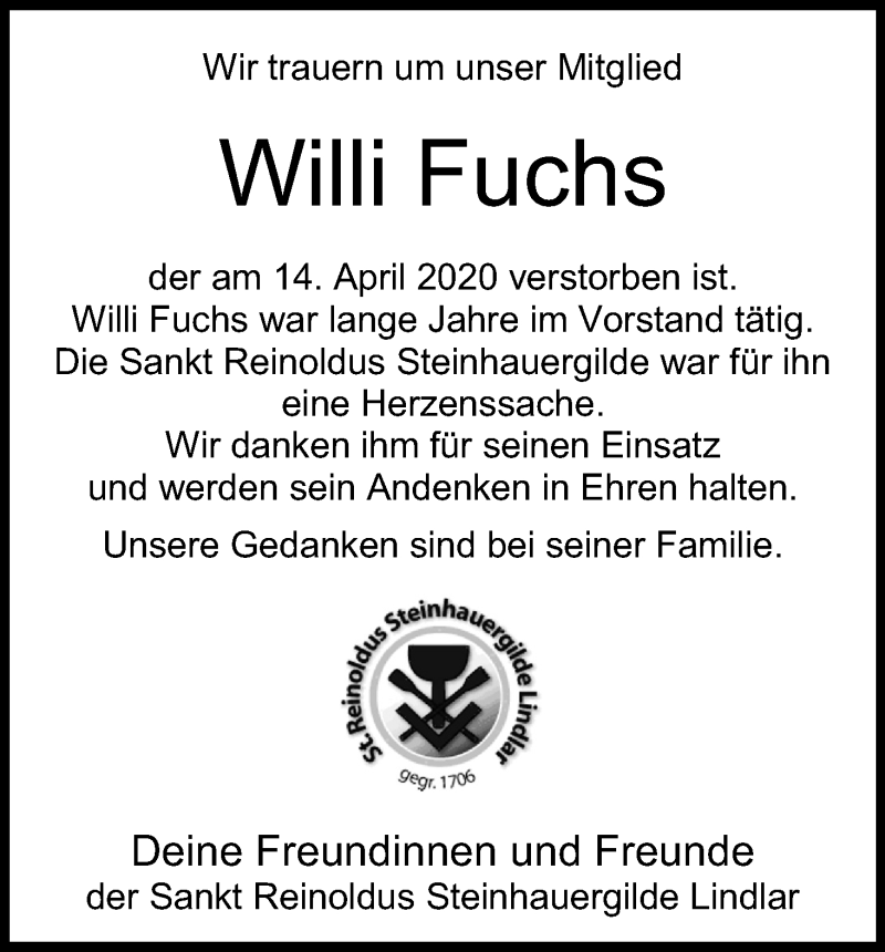  Traueranzeige für Willi Fuchs vom 25.04.2020 aus Kölner Stadt-Anzeiger / Kölnische Rundschau / Express