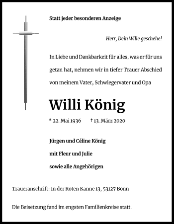 Anzeige von Willi König von Kölner Stadt-Anzeiger / Kölnische Rundschau / Express