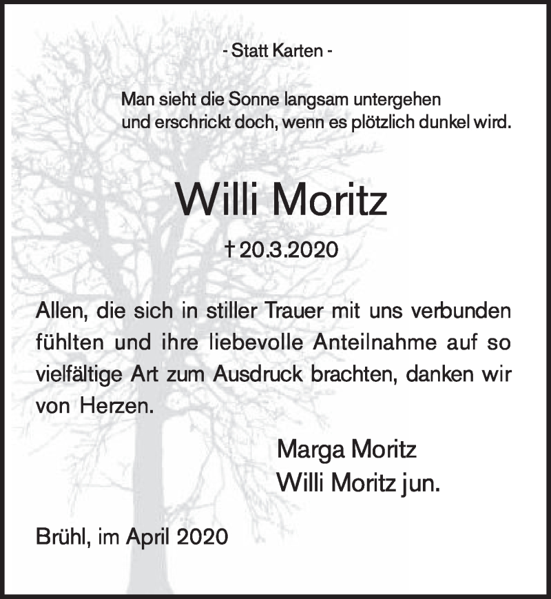 Traueranzeige für Willi Moritz vom 30.04.2020 aus  Schlossbote/Werbekurier 