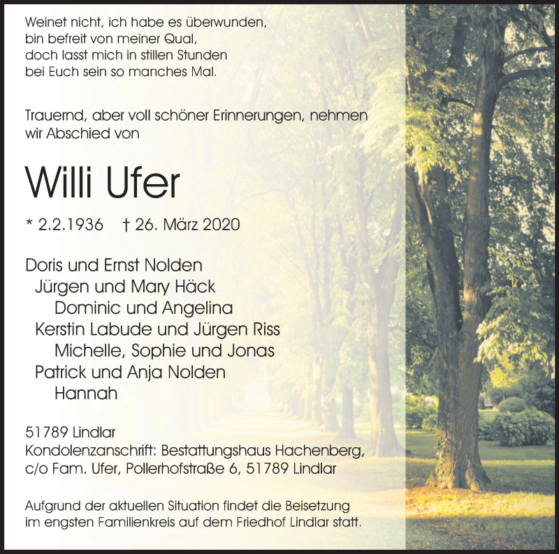  Traueranzeige für Willi Ufer vom 04.04.2020 aus Kölner Stadt-Anzeiger / Kölnische Rundschau / Express