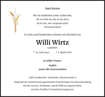 Anzeige von Willi Wirtz von Kölner Stadt-Anzeiger / Kölnische Rundschau / Express