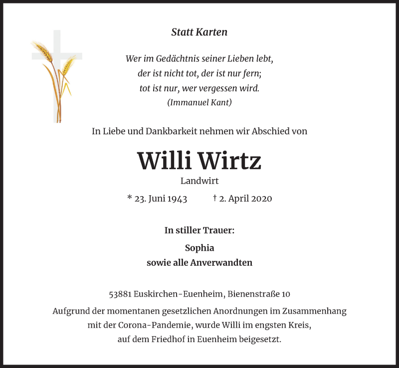  Traueranzeige für Willi Wirtz vom 11.04.2020 aus Kölner Stadt-Anzeiger / Kölnische Rundschau / Express