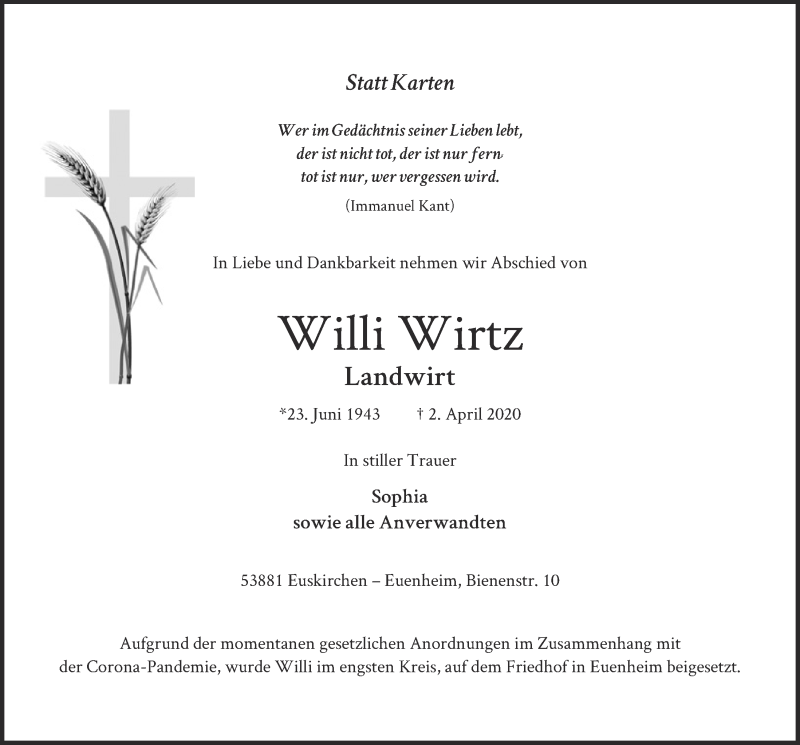  Traueranzeige für Willi Wirtz vom 11.04.2020 aus  Blickpunkt Euskirchen 