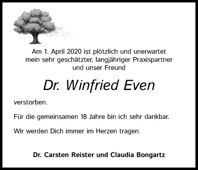  Traueranzeige für Winfried Even vom 11.04.2020 aus Kölner Stadt-Anzeiger / Kölnische Rundschau / Express