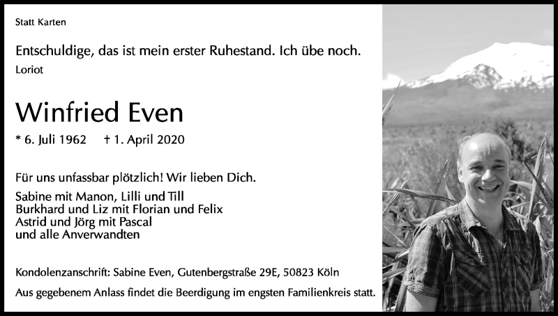  Traueranzeige für Winfried Even vom 04.04.2020 aus Kölner Stadt-Anzeiger / Kölnische Rundschau / Express