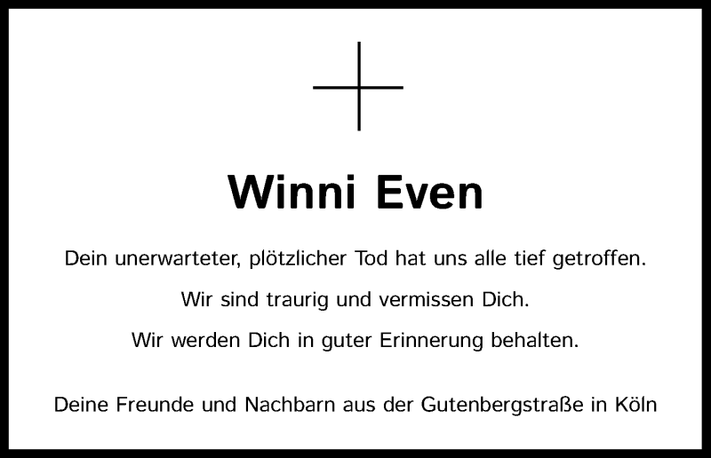  Traueranzeige für Winfried Even vom 09.04.2020 aus Kölner Stadt-Anzeiger / Kölnische Rundschau / Express