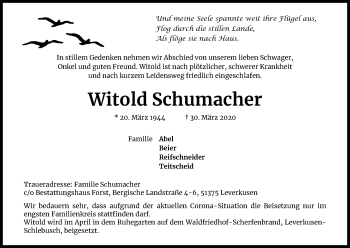 Anzeige von Witold Schumacher von Kölner Stadt-Anzeiger / Kölnische Rundschau / Express