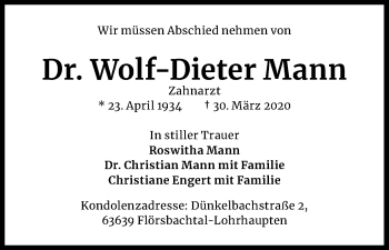 Anzeige von Wolf-Dieter Mann von Kölner Stadt-Anzeiger / Kölnische Rundschau / Express