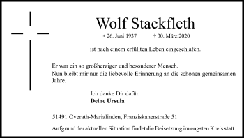Anzeige von Wolf Stackfleth von Kölner Stadt-Anzeiger / Kölnische Rundschau / Express