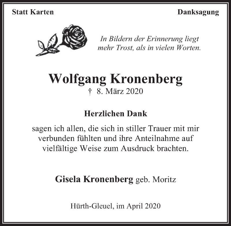  Traueranzeige für Wolfgang Kronenberg vom 10.04.2020 aus  Wochenende 