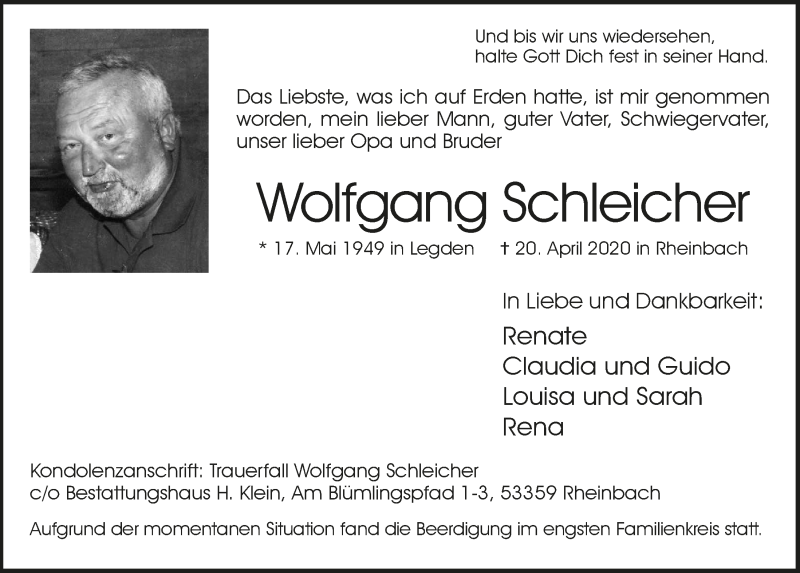  Traueranzeige für Wolfgang Schleicher vom 30.04.2020 aus  Schaufenster/Blickpunkt 
