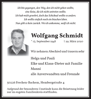 Anzeige von Wolfgang Schmidt von  Wochenende 
