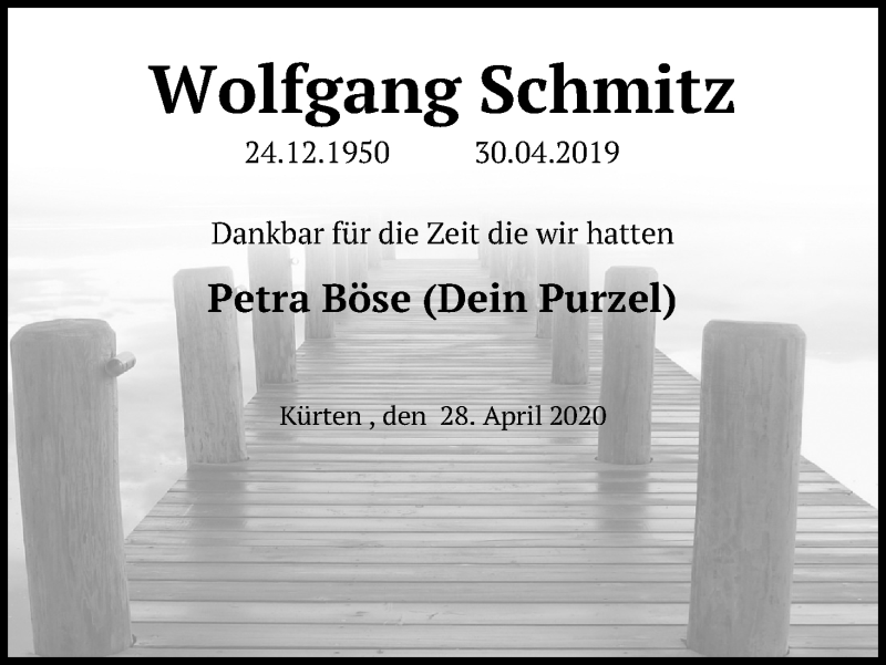  Traueranzeige für Wolfgang Schmitz vom 30.04.2020 aus Kölner Stadt-Anzeiger / Kölnische Rundschau / Express