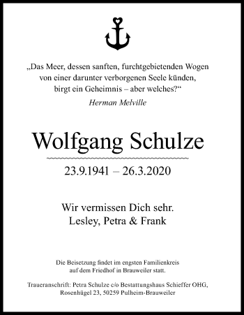 Anzeige von Wolfgang Schulze von Kölner Stadt-Anzeiger / Kölnische Rundschau / Express