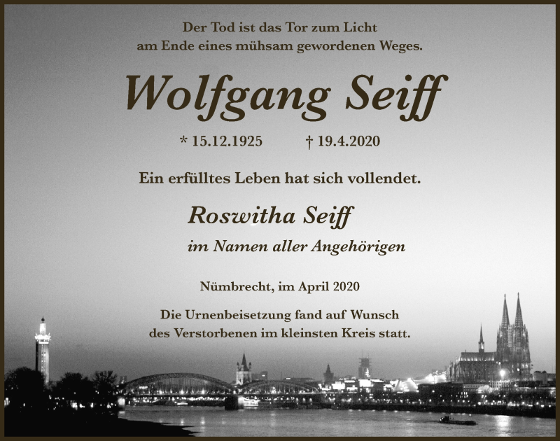  Traueranzeige für Wolfgang Seiff vom 30.04.2020 aus  Lokalanzeiger 
