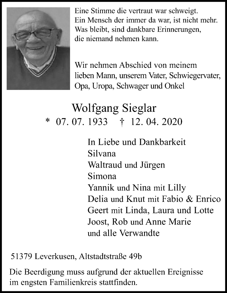  Traueranzeige für Wolfgang Sieglar vom 18.04.2020 aus Kölner Stadt-Anzeiger / Kölnische Rundschau / Express