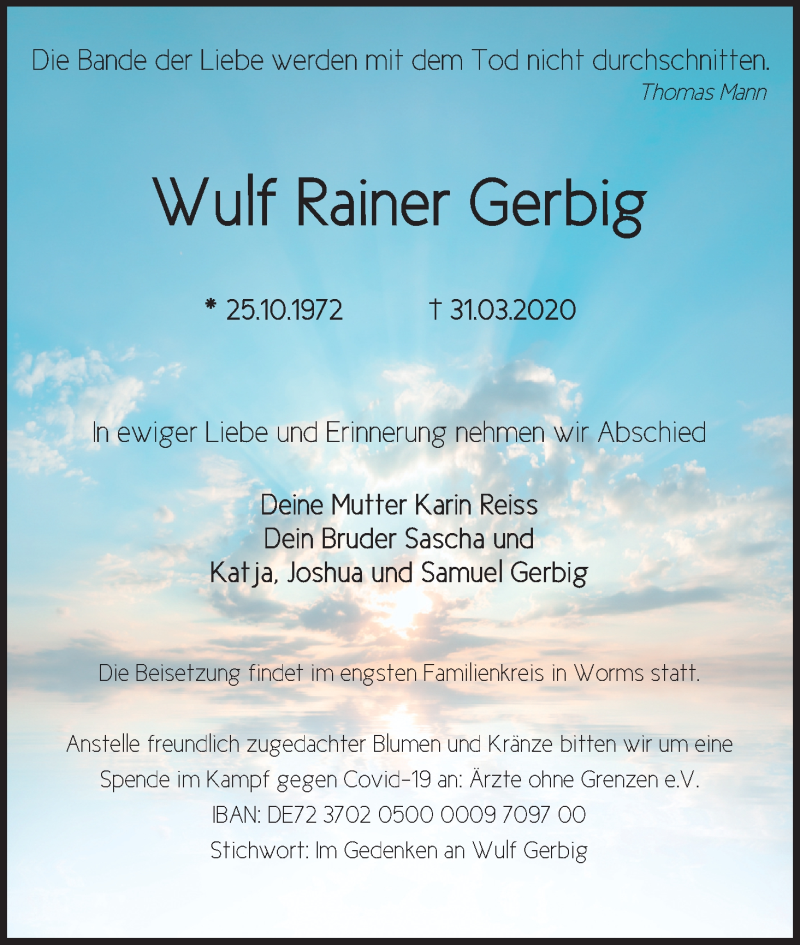 Traueranzeige für Wulf Rainer Gerbig vom 25.04.2020 aus Kölner Stadt-Anzeiger / Kölnische Rundschau / Express