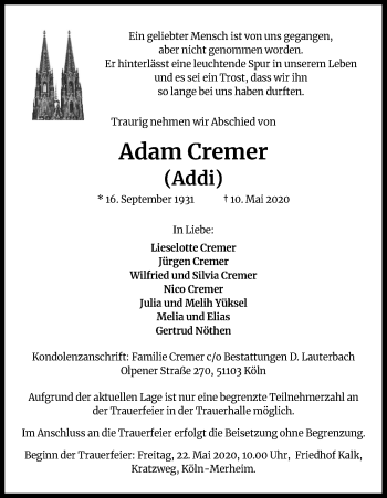 Anzeige von Adam Cremer von Kölner Stadt-Anzeiger / Kölnische Rundschau / Express